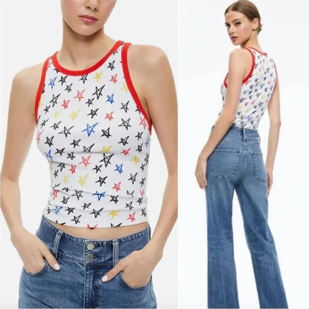 Alice + Olivia x LELE PONS Stars Allen Tank Top Size L Ribbed Knit Cotton White